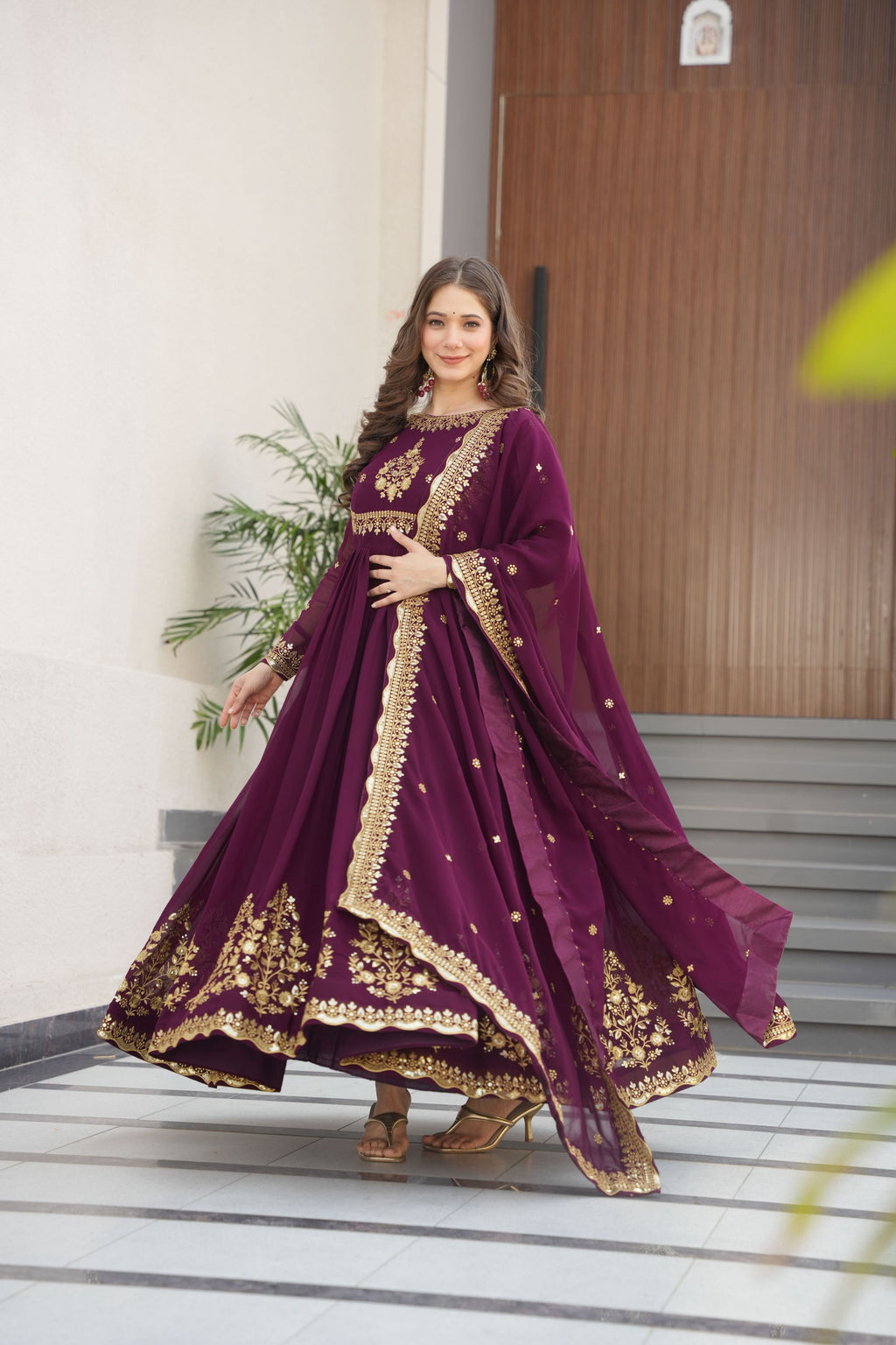 Jyoti Fashion Women's Wine Faux Georgette Zari Thread & Sequins Embroidered Anarkali Set with Dupatta | Grocsy