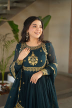 Jyoti Fashion Women's Rama Faux Georgette Zari Thread & Sequins Embroidered Anarkali Set with Dupatta | Grocsy