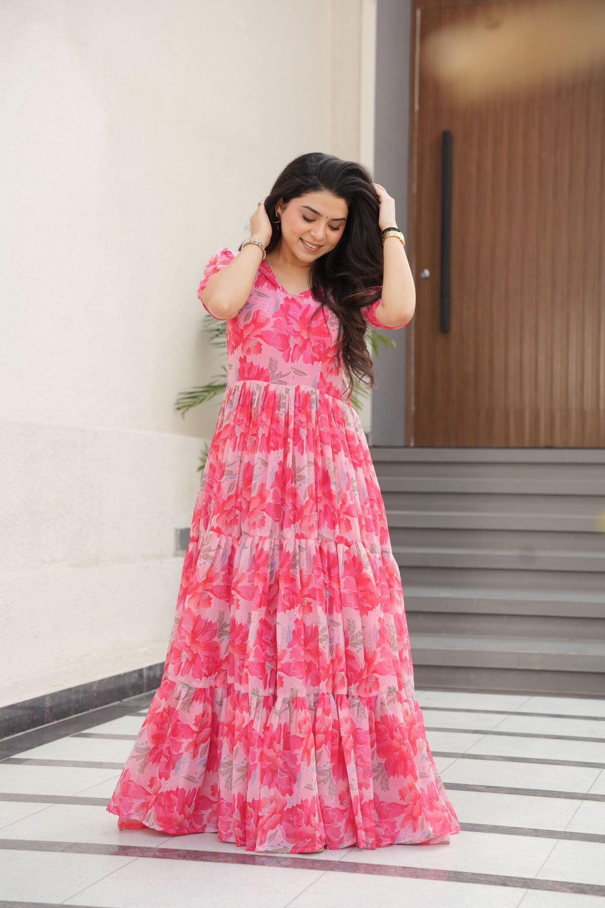 Jyoti Fashion Women's Pink Faux Georgette Floral Printed Designer Long Anarkali | Grocsy