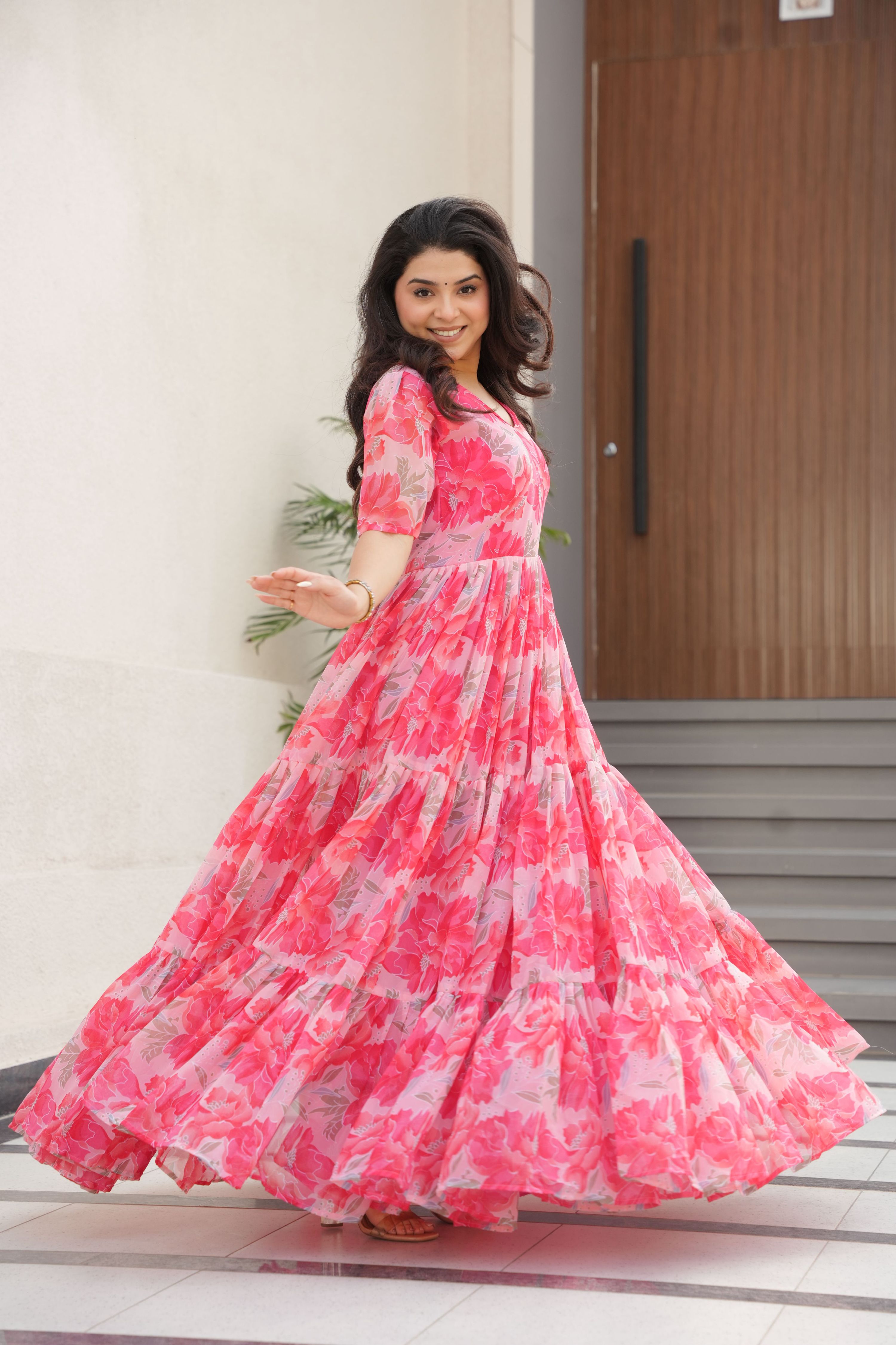 Jyoti Fashion Women's Pink Faux Georgette Floral Printed Designer Long Anarkali | Grocsy