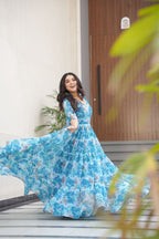 Jyoti Fashion Women's Sky Blue Faux Georgette Floral Printed Designer Long Anarkali | Grocsy