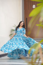 Jyoti Fashion Women's Sky Blue Faux Georgette Floral Printed Designer Long Anarkali | Grocsy
