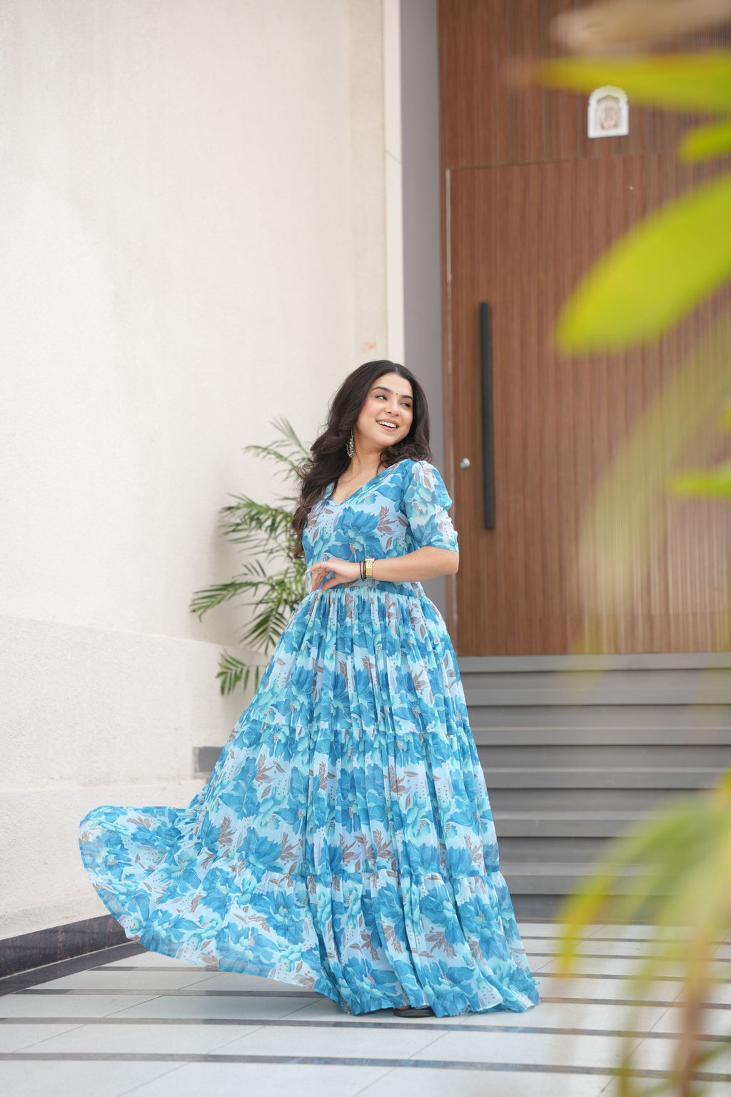 Jyoti Fashion Women's Sky Blue Faux Georgette Floral Printed Designer Long Anarkali | Grocsy