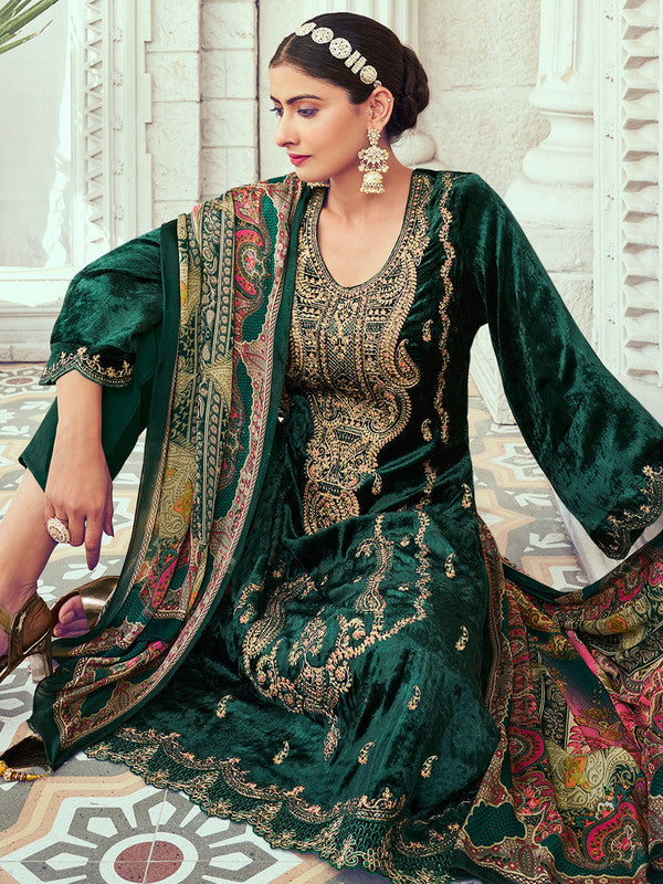 Jyoti Fashion Women's Green Velvet Cording with Digital Printed Kurta with Trouser & Dupatta | Grocsy