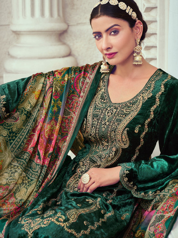 Jyoti Fashion Women's Green Velvet Cording with Digital Printed Kurta with Trouser & Dupatta | Grocsy