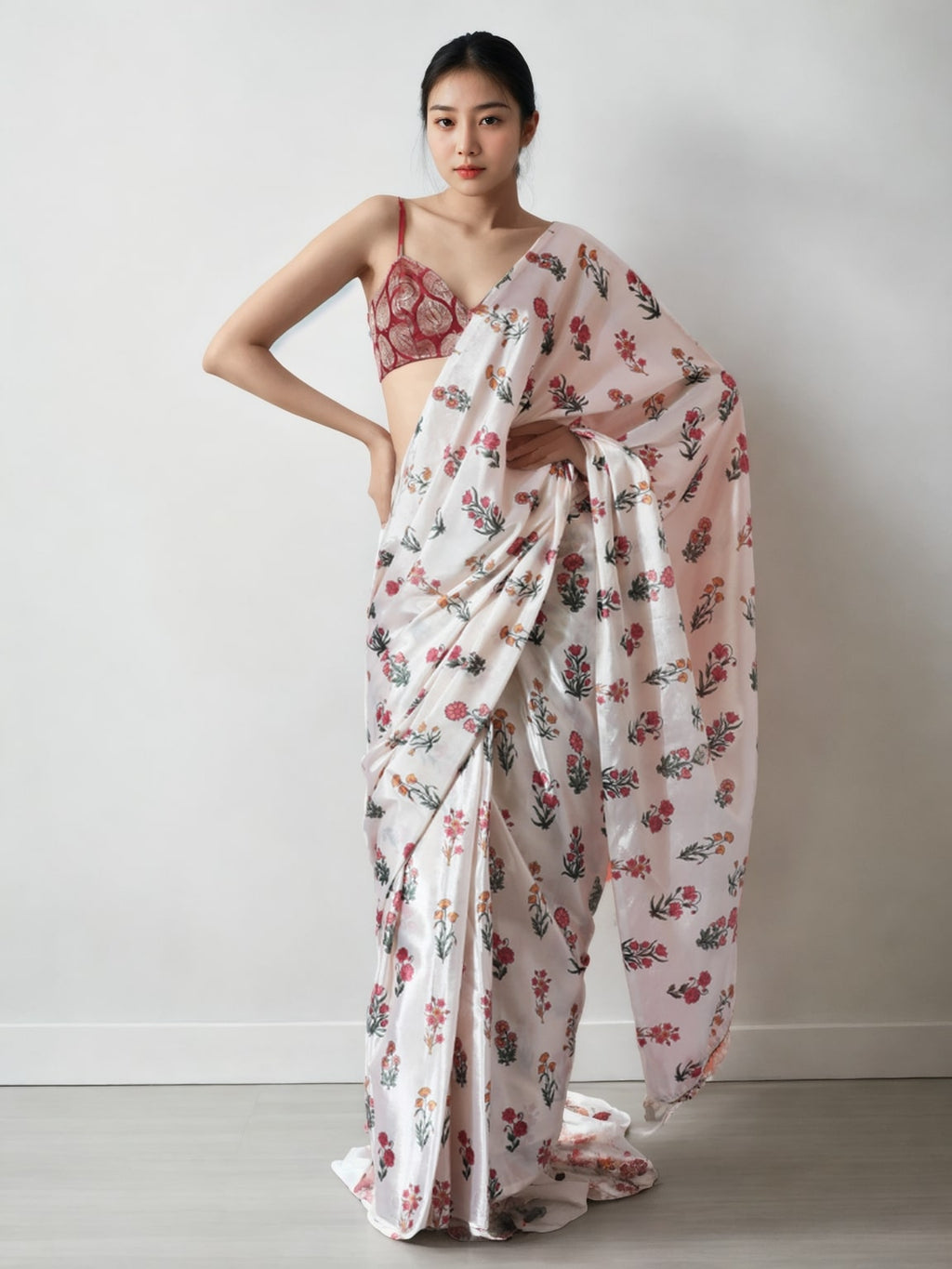 Jyoti Fashion Women's Multicolor Chinon Digital Printed Ready To Wear Saree with Blouse | Grocsy