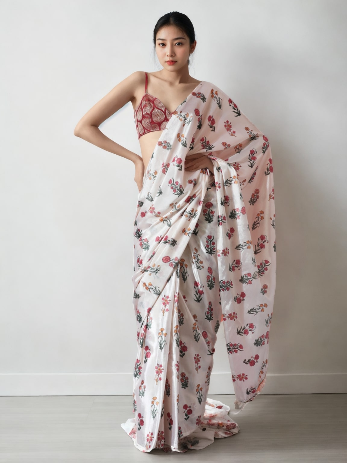 Jyoti Fashion Women's Multicolor Chinon Digital Printed Ready To Wear Saree with Blouse | Grocsy