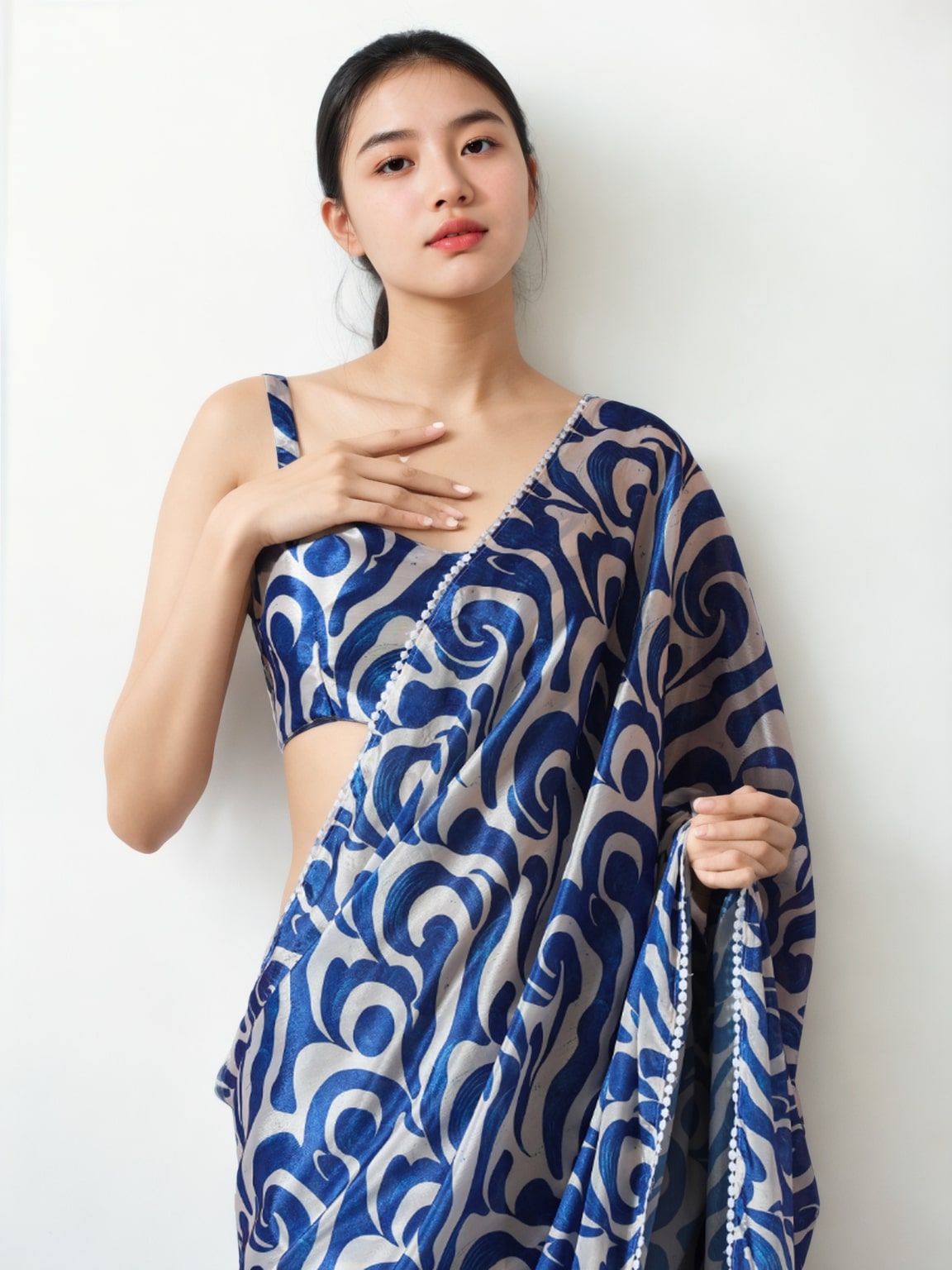 Jyoti Fashion Women's Blue Chinon Digital Printed Ready To Wear Saree with Blouse | Grocsy