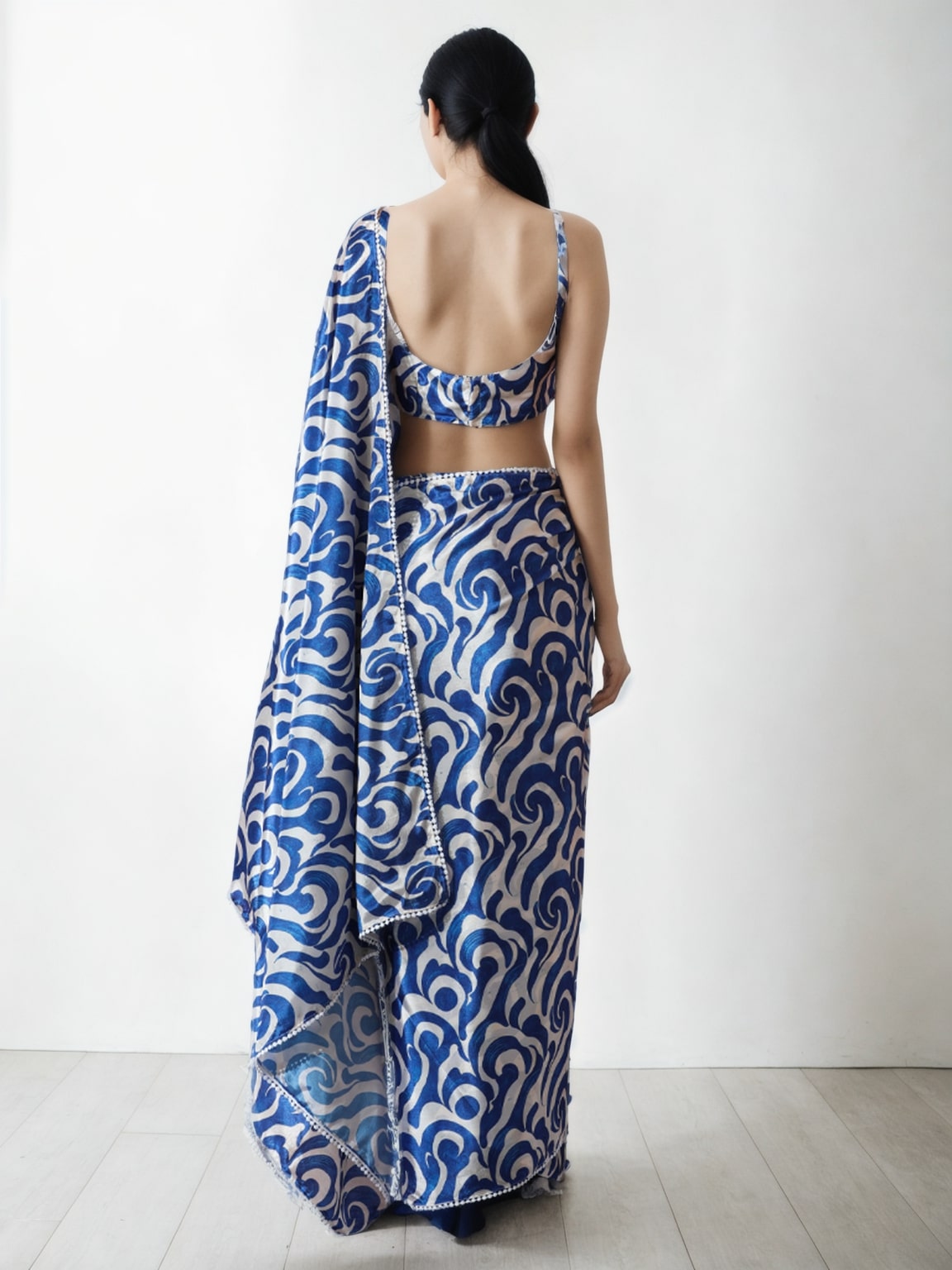 Jyoti Fashion Women's Blue Chinon Digital Printed Ready To Wear Saree with Blouse | Grocsy