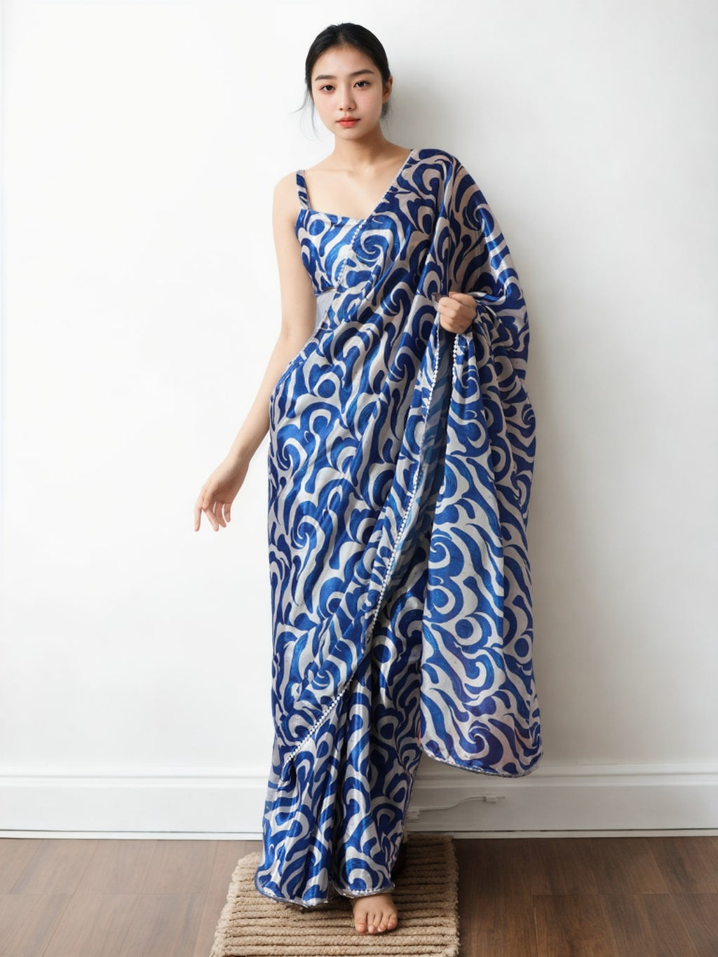 Jyoti Fashion Women's Blue Chinon Digital Printed Ready To Wear Saree with Blouse | Grocsy