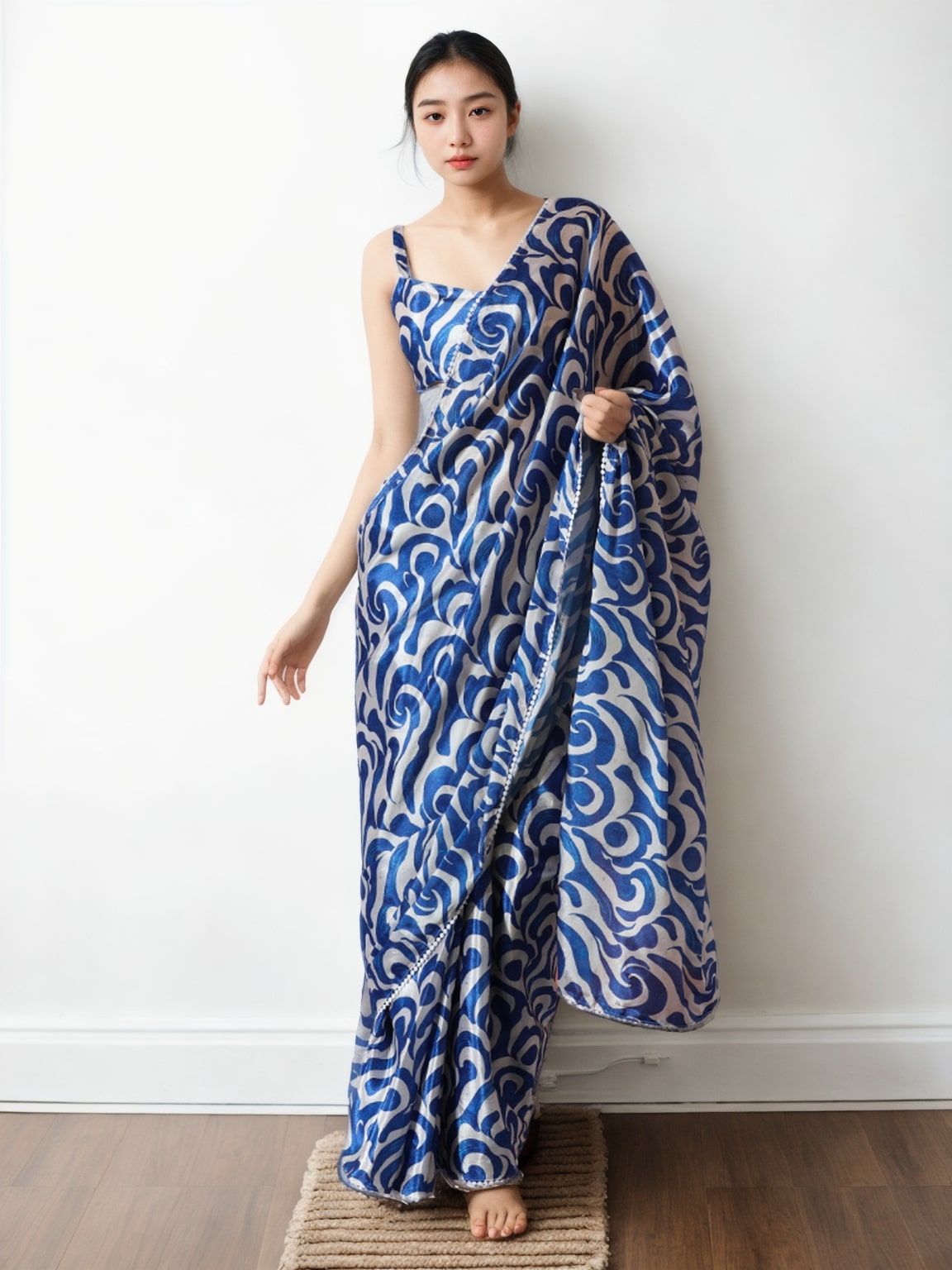 Jyoti Fashion Women's Blue Chinon Digital Printed Ready To Wear Saree with Blouse | Grocsy