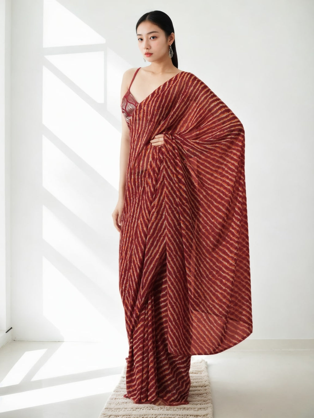 Jyoti Fashion Women's Maroon Marble Chiffon Printed Ready To Wear Saree with Blouse | Grocsy