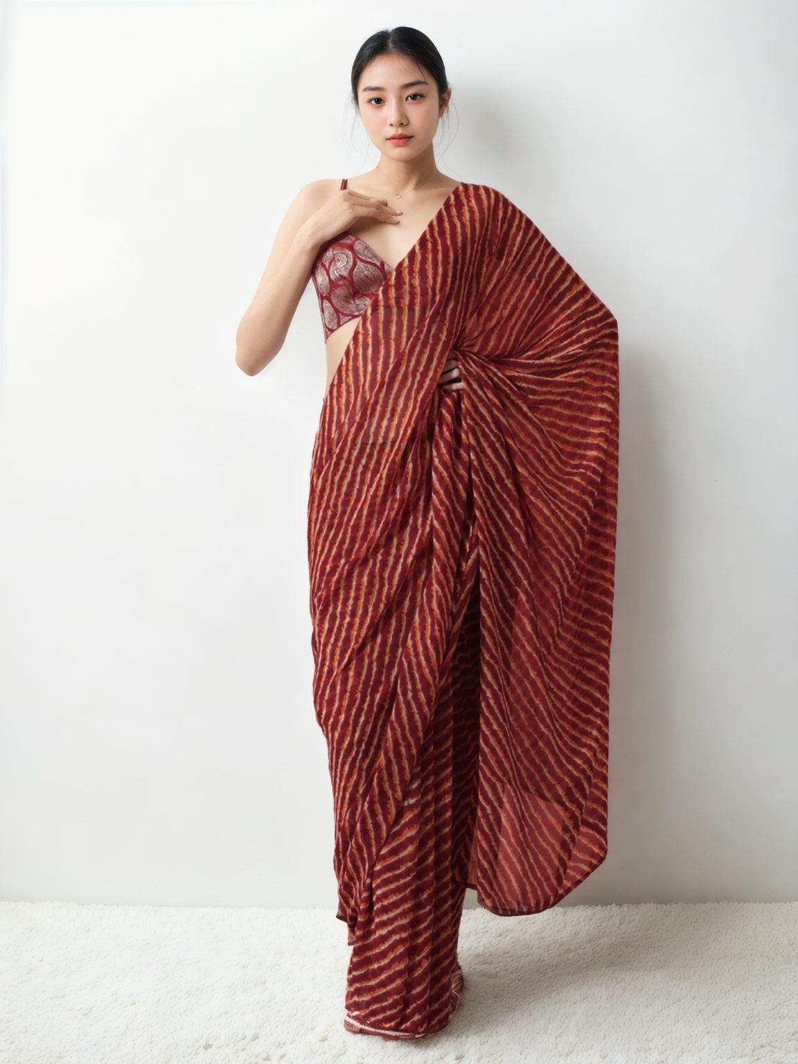 Jyoti Fashion Women's Maroon Marble Chiffon Printed Ready To Wear Saree with Blouse | Grocsy