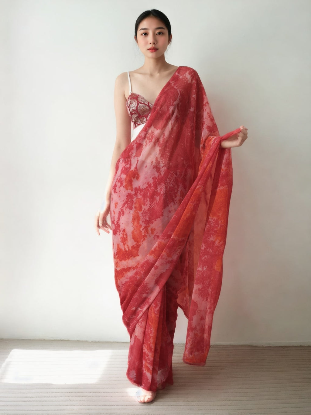Jyoti Fashion Women's Gajri Marble Chiffon Printed Ready To Wear Saree with Blouse | Grocsy