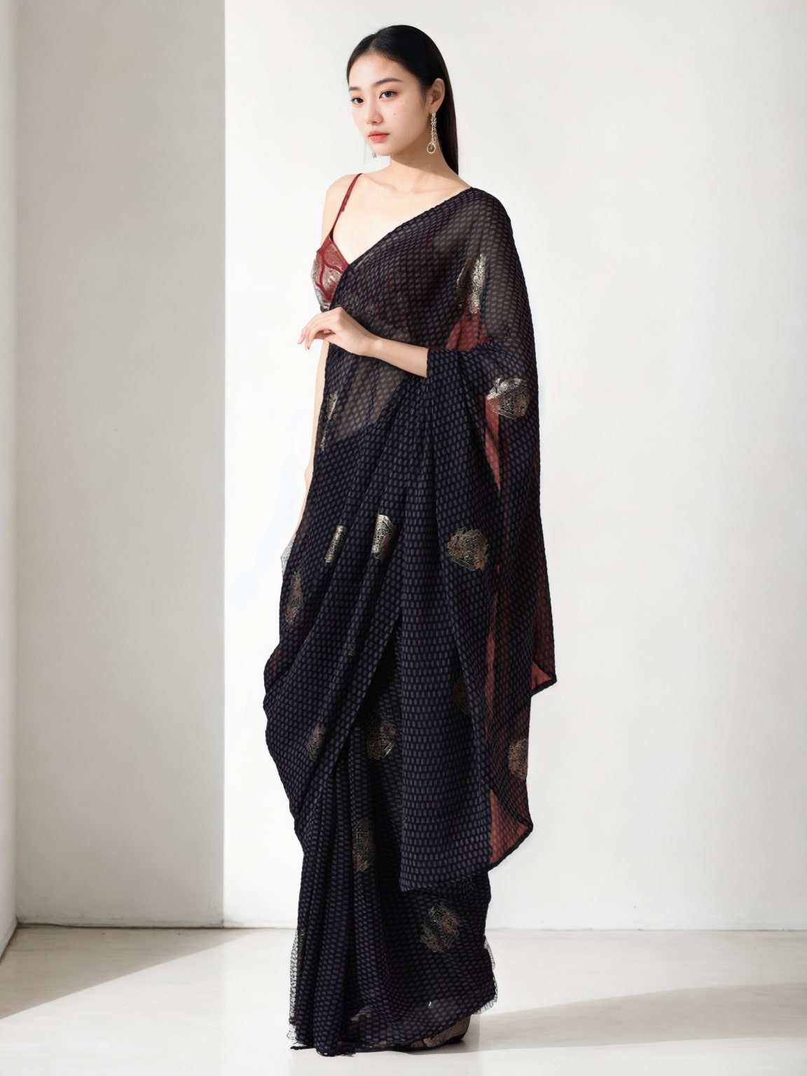 Jyoti Fashion Women's Black Marble Chiffon Printed Ready To Wear Saree with Blouse | Grocsy