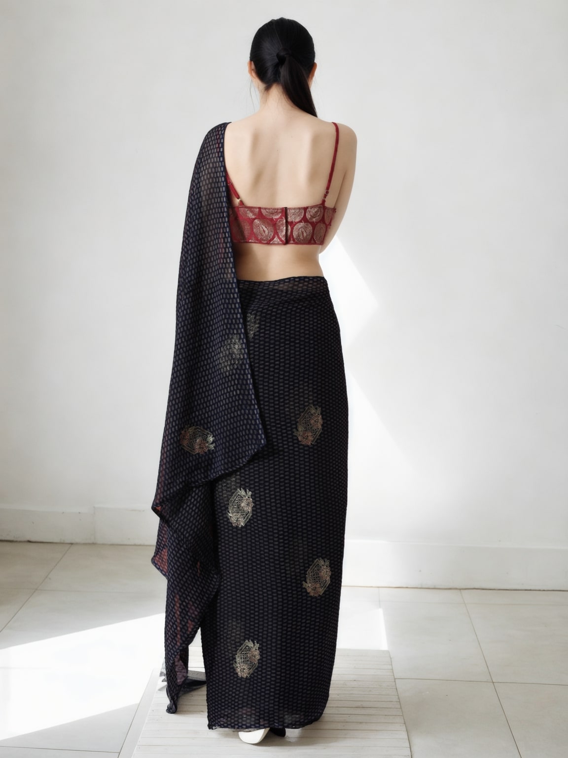 Jyoti Fashion Women's Black Marble Chiffon Printed Ready To Wear Saree with Blouse | Grocsy