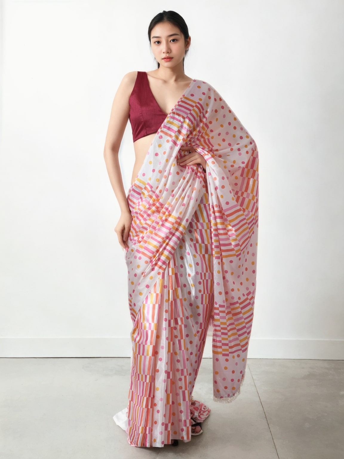 Jyoti Fashion Women's Multicolor Chinon Digital Printed Ready To Wear Saree with Blouse | Grocsy