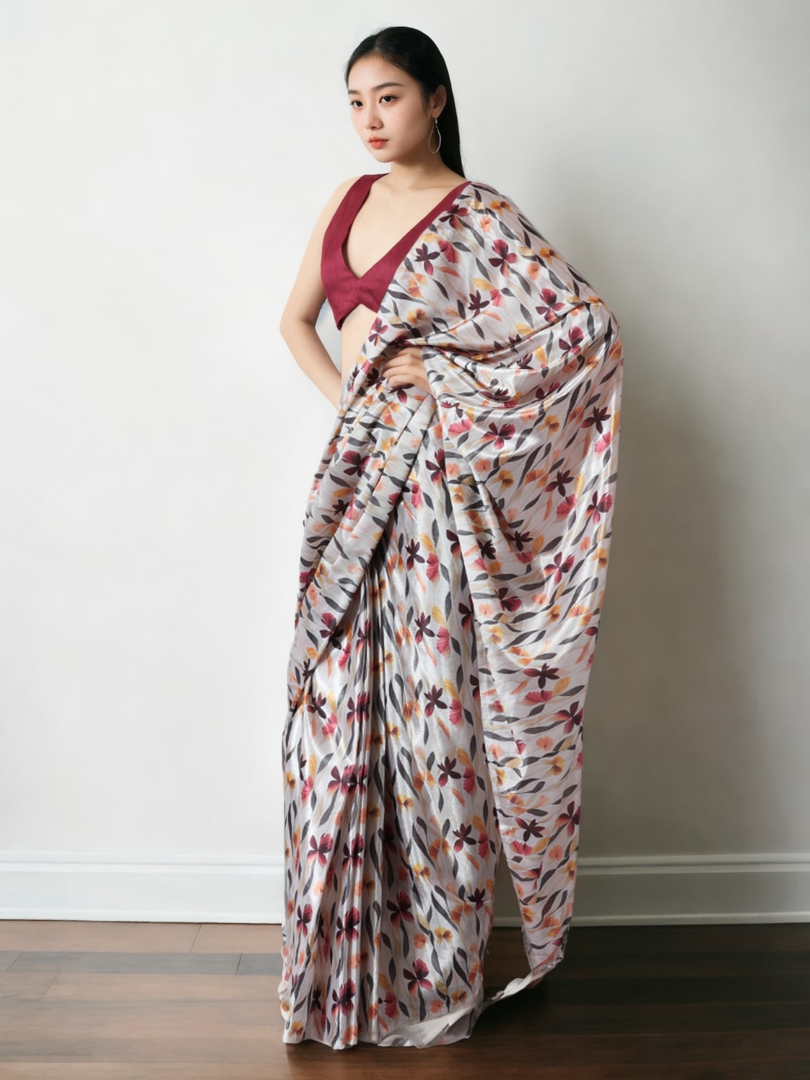 Jyoti Fashion Women's Multicolor Chinon Digital Printed Ready To Wear Saree with Blouse | Grocsy