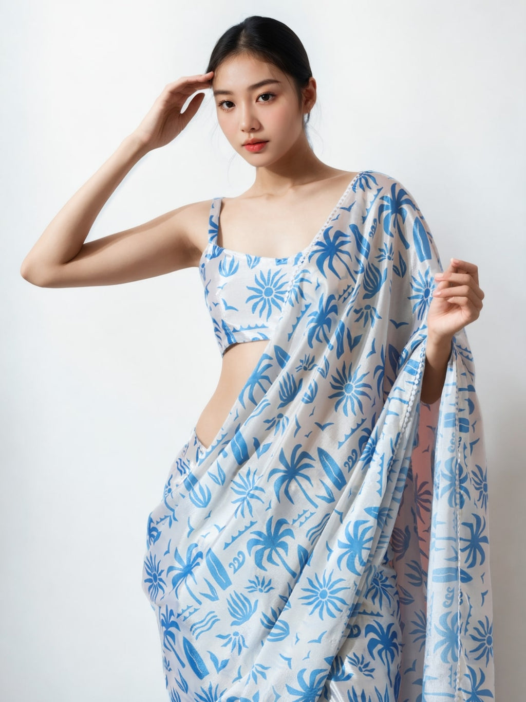 Jyoti Fashion Women's Sky Blue Chinon Digital Printed Ready To Wear Saree with Blouse | Grocsy