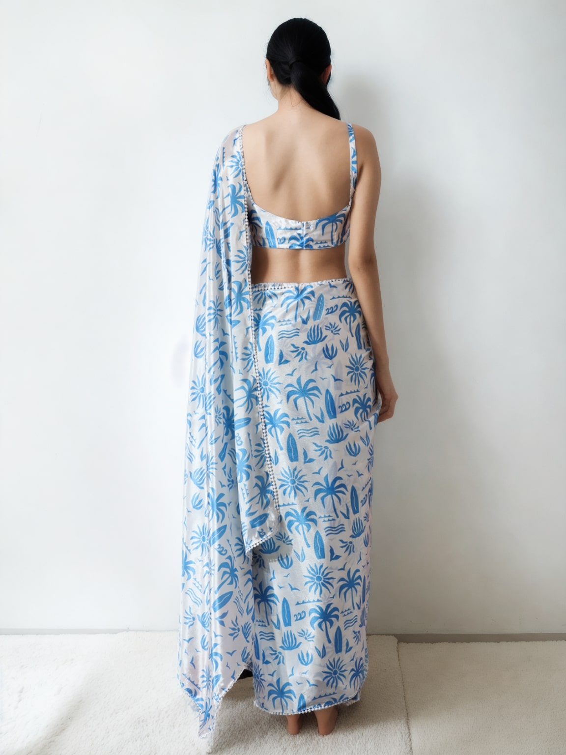 Jyoti Fashion Women's Sky Blue Chinon Digital Printed Ready To Wear Saree with Blouse | Grocsy