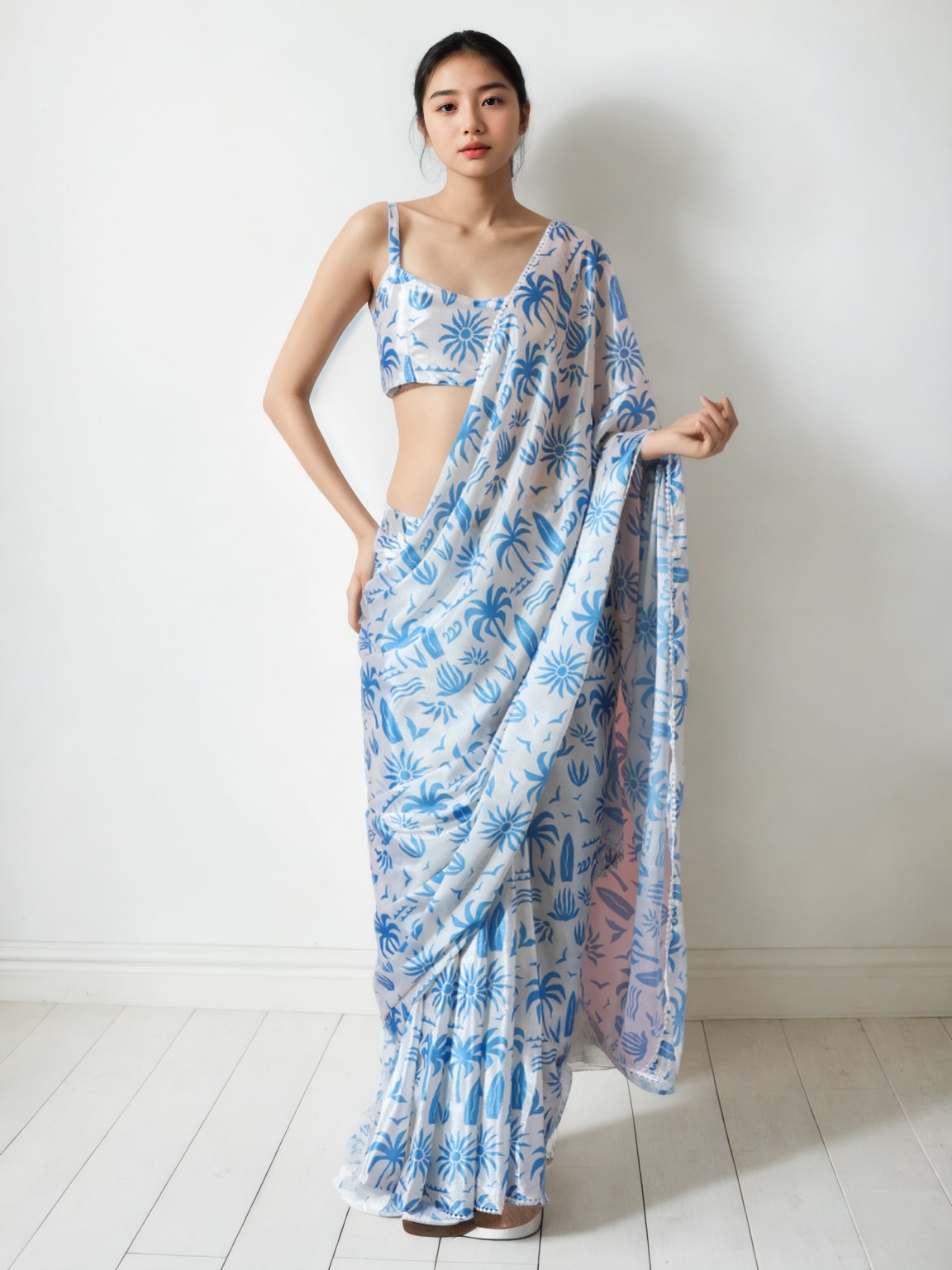 Jyoti Fashion Women's Sky Blue Chinon Digital Printed Ready To Wear Saree with Blouse | Grocsy