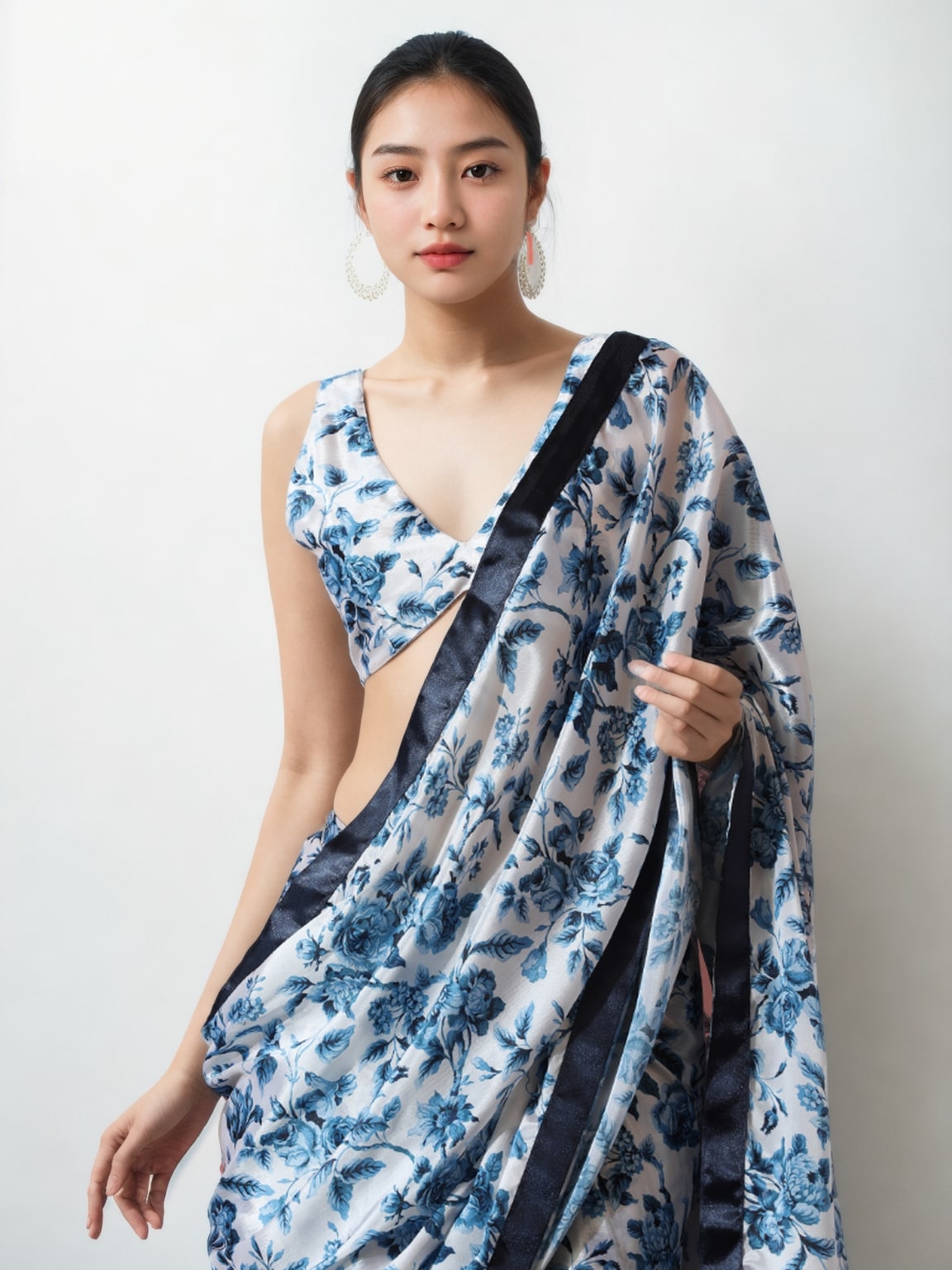 Jyoti Fashion Women's Navy Blue Chinon Digital Printed Ready To Wear Saree with Blouse | Grocsy