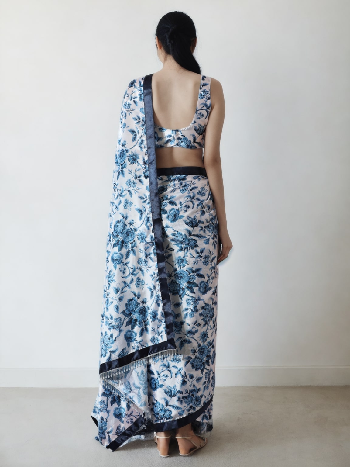 Jyoti Fashion Women's Navy Blue Chinon Digital Printed Ready To Wear Saree with Blouse | Grocsy
