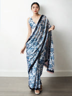 Jyoti Fashion Women's Navy Blue Chinon Digital Printed Ready To Wear Saree with Blouse | Grocsy
