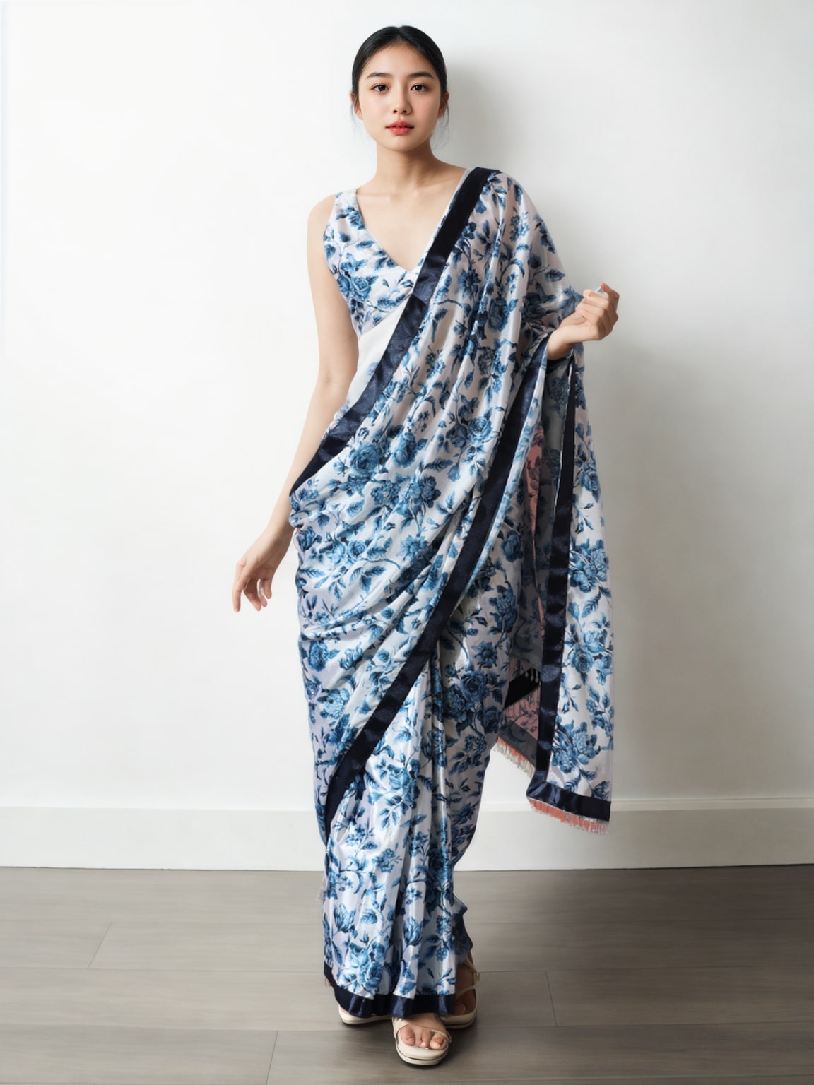 Jyoti Fashion Women's Navy Blue Chinon Digital Printed Ready To Wear Saree with Blouse | Grocsy