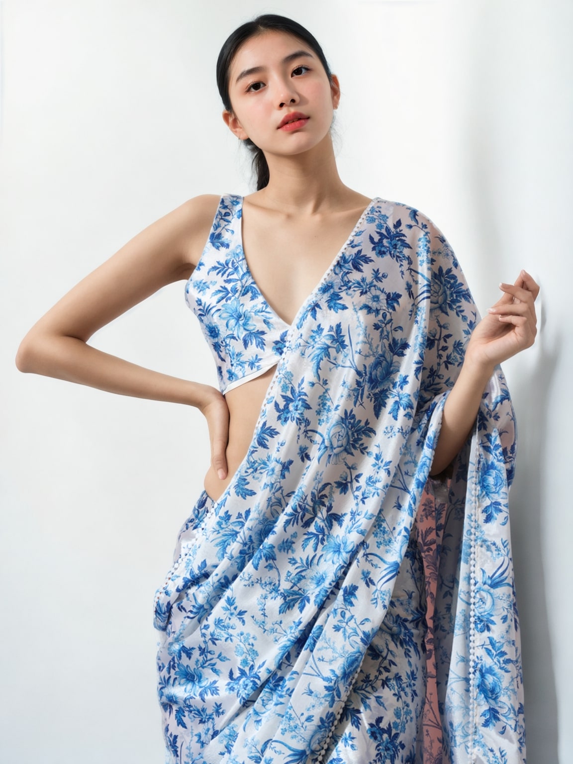 Jyoti Fashion Women's Blue Chinon Digital Printed Ready To Wear Saree with Blouse | Grocsy