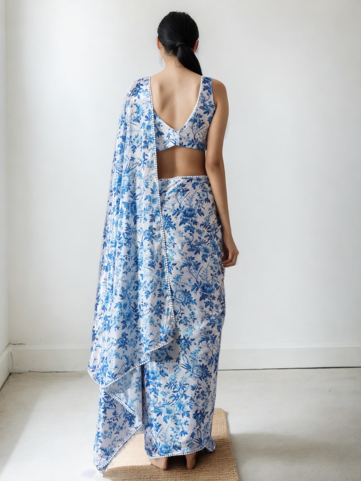 Jyoti Fashion Women's Blue Chinon Digital Printed Ready To Wear Saree with Blouse | Grocsy