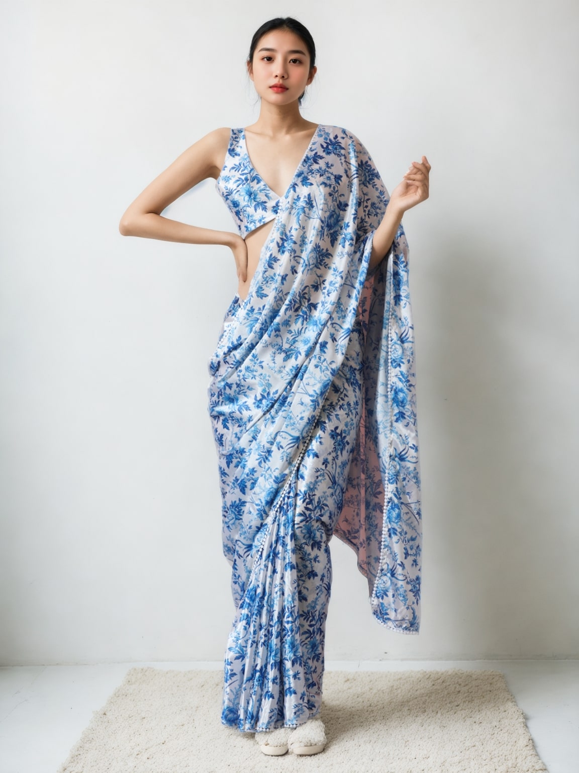 Jyoti Fashion Women's Blue Chinon Digital Printed Ready To Wear Saree with Blouse | Grocsy