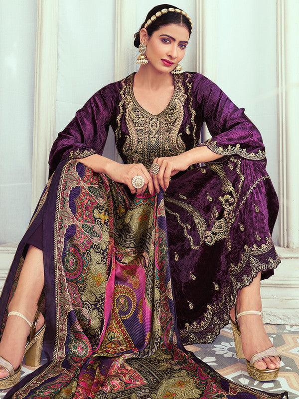 Jyoti Fashion Women's Purple Velvet Cording with Digital Printed Kurta with Trouser & Dupatta | Grocsy