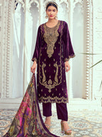 Jyoti Fashion Women's Purple Velvet Cording with Digital Printed Kurta with Trouser & Dupatta | Grocsy