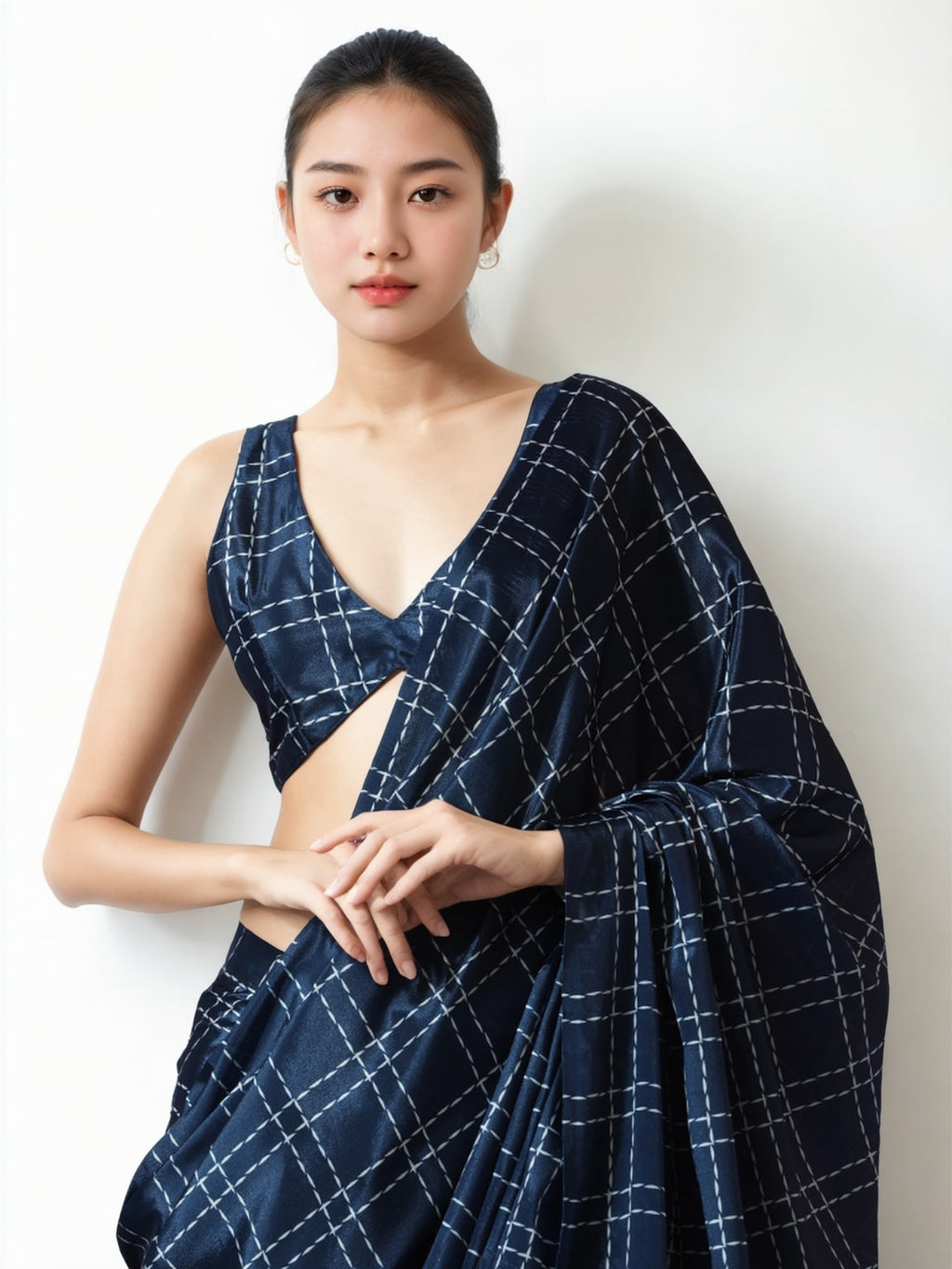Jyoti Fashion Women's Navy Blue Chinon Digital Printed Ready To Wear Saree with Blouse | Grocsy