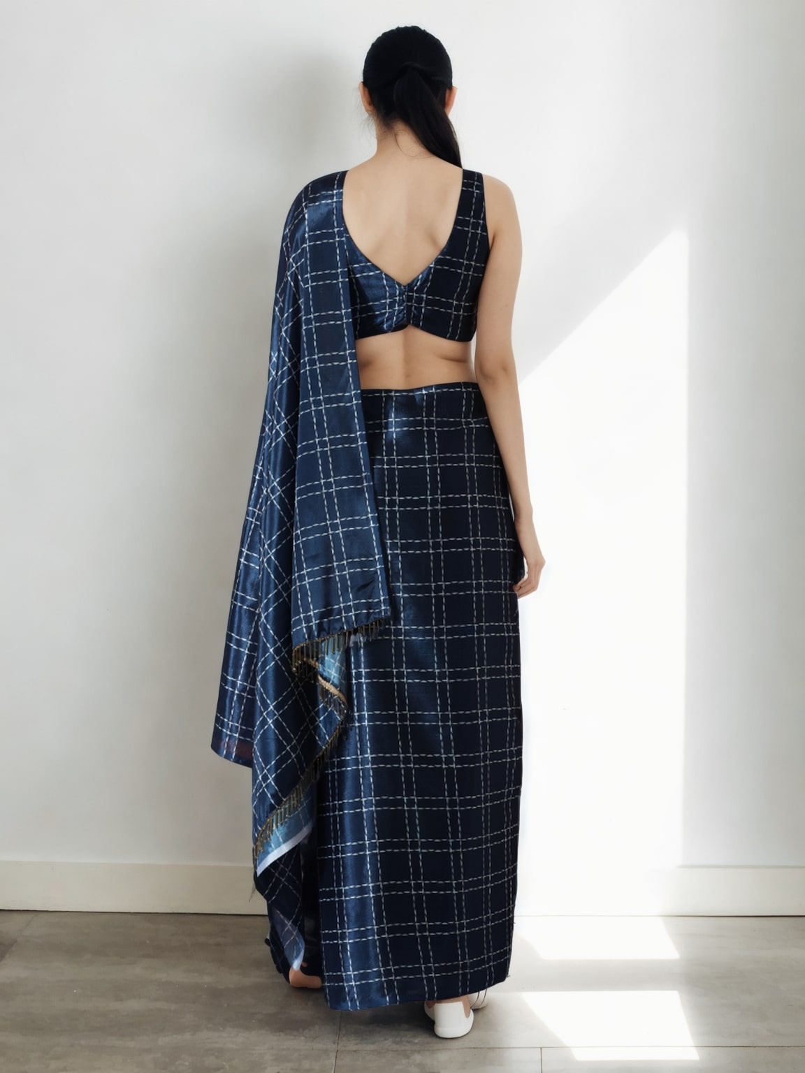 Jyoti Fashion Women's Navy Blue Chinon Digital Printed Ready To Wear Saree with Blouse | Grocsy
