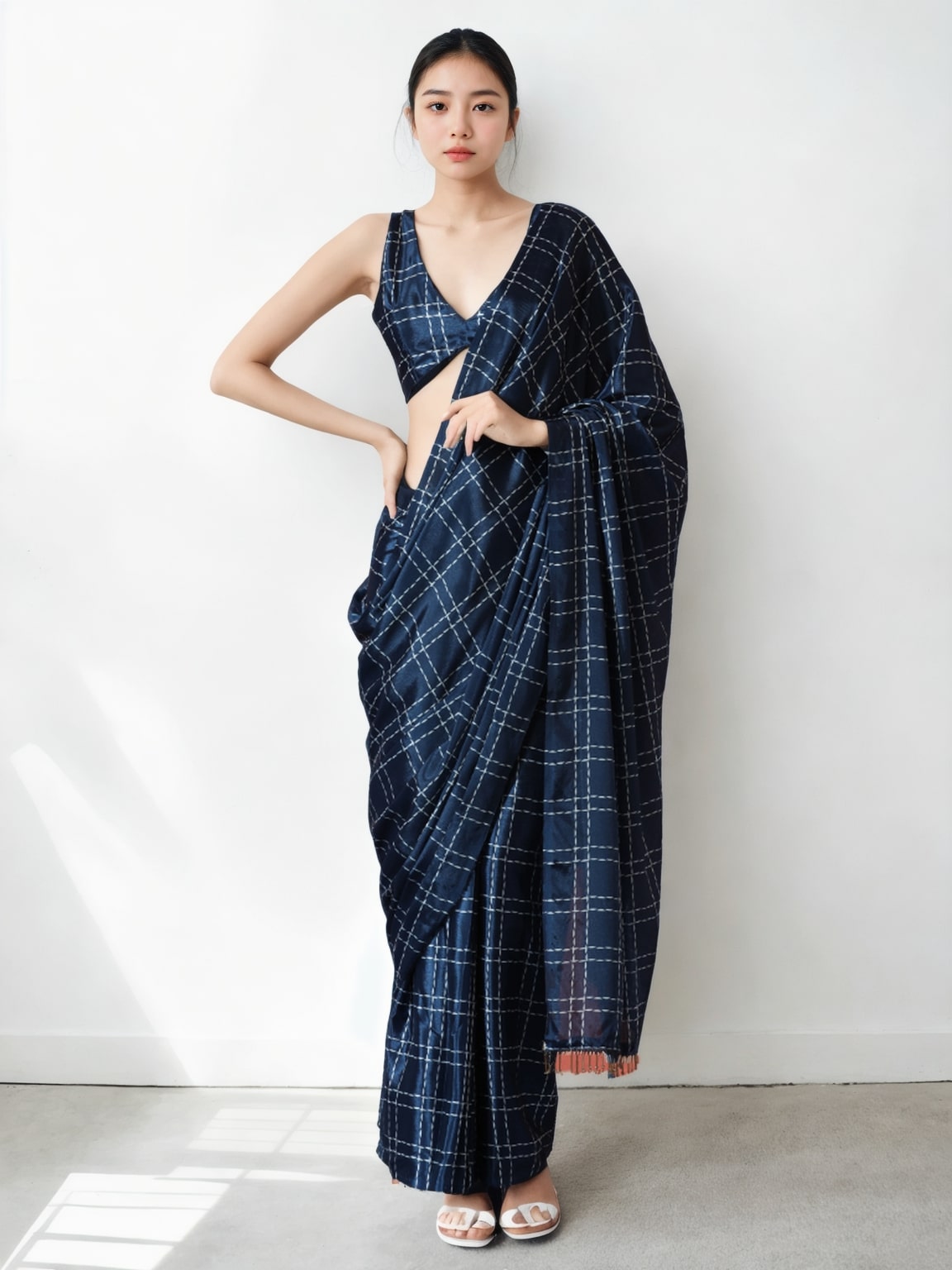 Jyoti Fashion Women's Navy Blue Chinon Digital Printed Ready To Wear Saree with Blouse | Grocsy