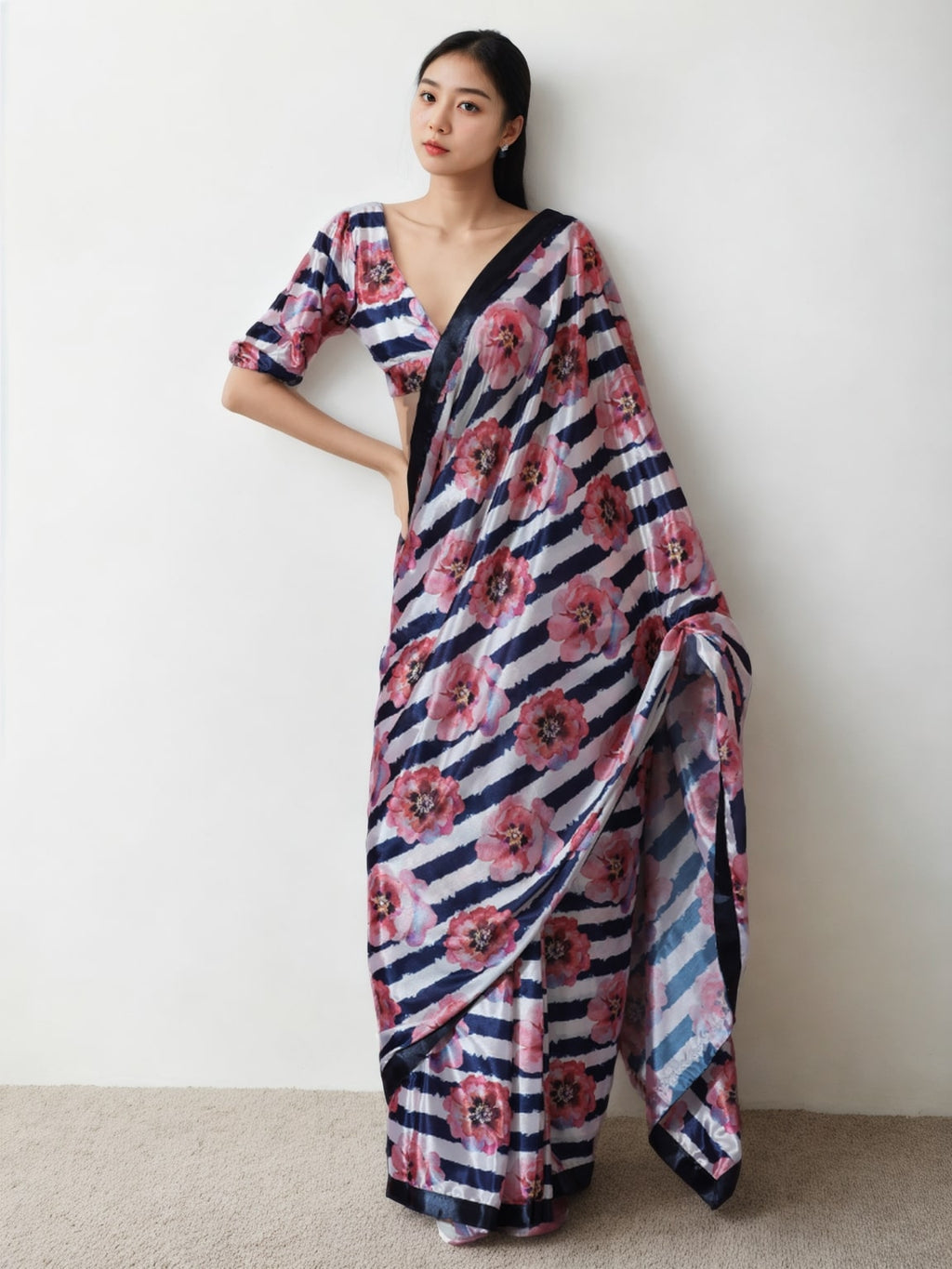 Jyoti Fashion Women's Multicolor Chinon Digital Printed Ready To Wear Saree with Blouse | Grocsy