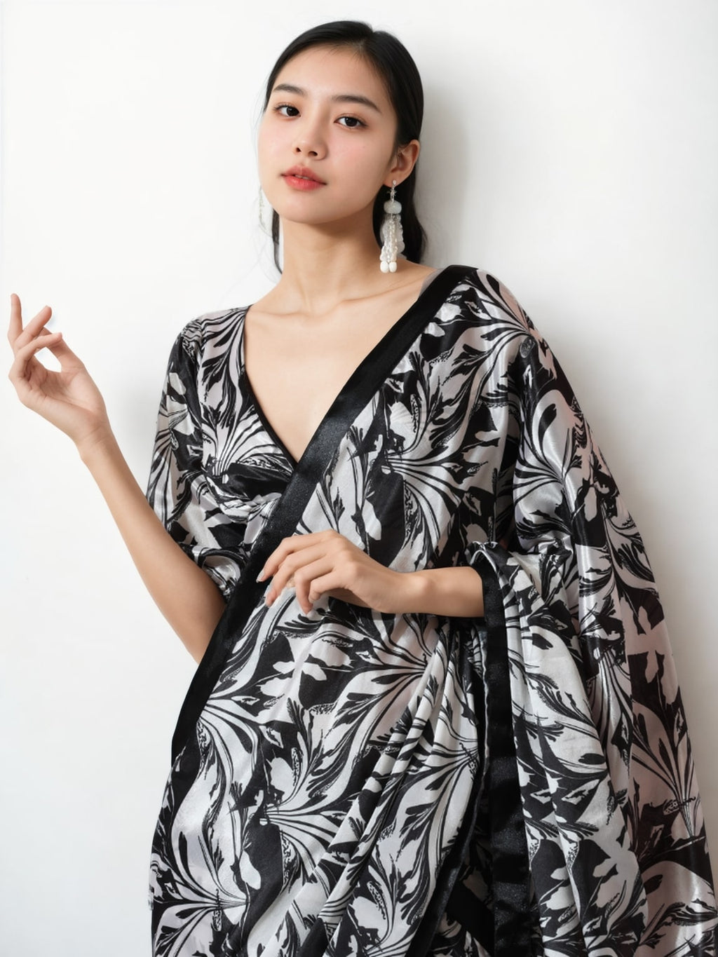 Jyoti Fashion Women's Black Chinon Digital Printed Ready To Wear Saree with Blouse | Grocsy