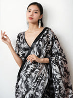 Jyoti Fashion Women's Black Chinon Digital Printed Ready To Wear Saree with Blouse | Grocsy