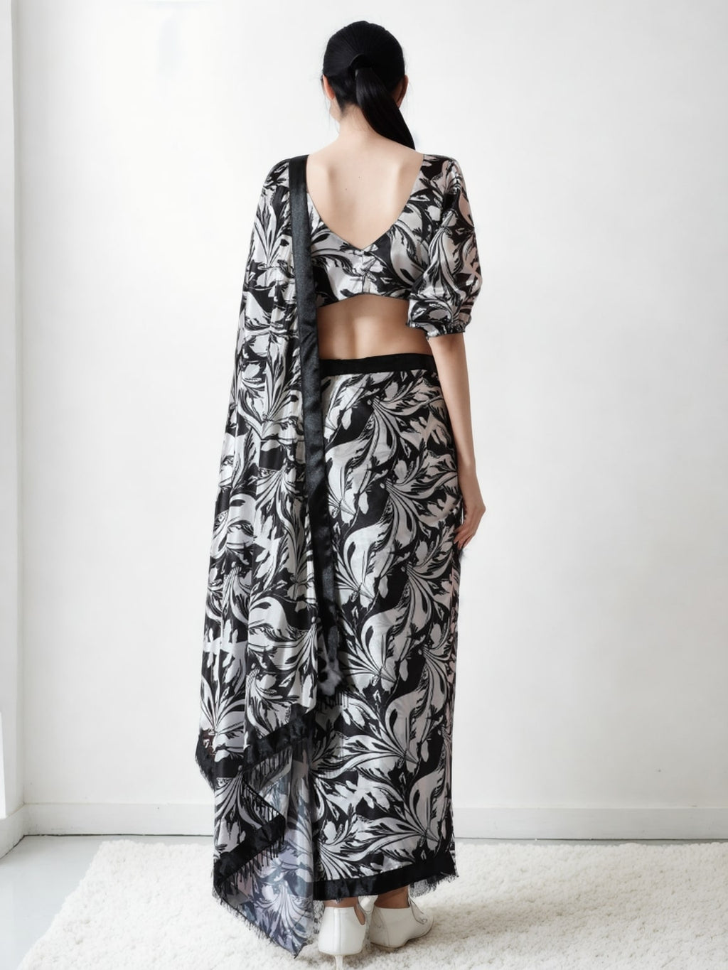 Jyoti Fashion Women's Black Chinon Digital Printed Ready To Wear Saree with Blouse | Grocsy