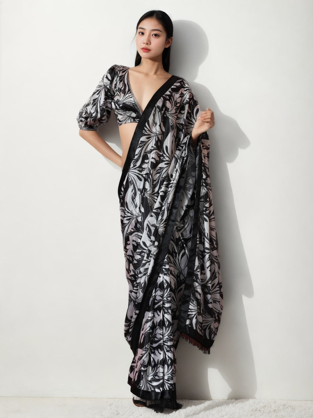 Jyoti Fashion Women's Black Chinon Digital Printed Ready To Wear Saree with Blouse | Grocsy