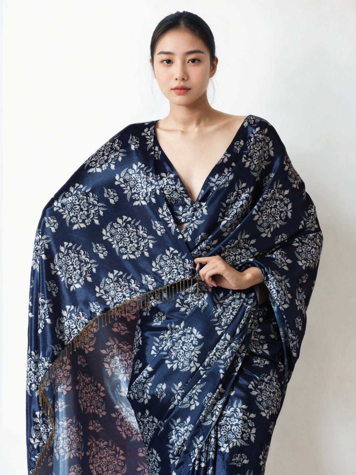 Jyoti Fashion Women's Navy Blue Chinon Digital Printed Ready To Wear Saree with Blouse | Grocsy