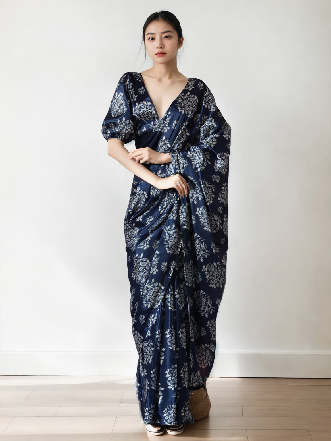 Jyoti Fashion Women's Navy Blue Chinon Digital Printed Ready To Wear Saree with Blouse | Grocsy