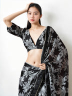 Jyoti Fashion Women's Black Chinon Digital Printed Ready To Wear Saree with Blouse | Grocsy