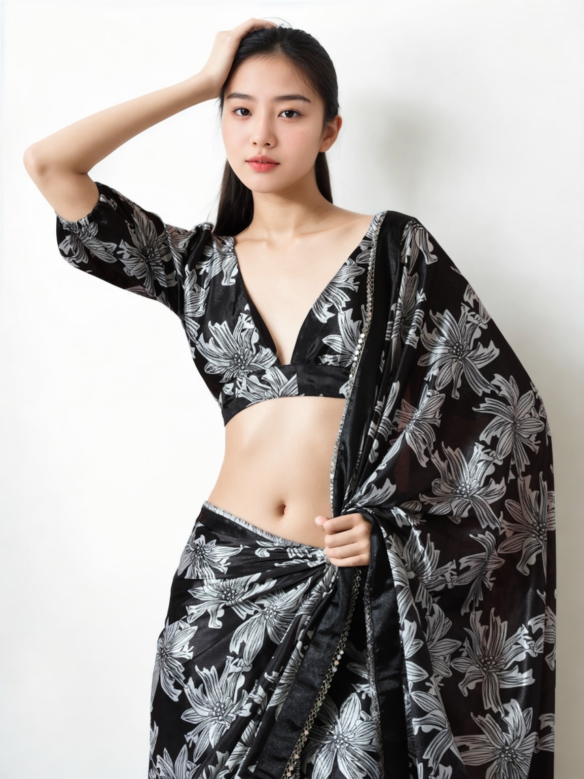Jyoti Fashion Women's Black Chinon Digital Printed Ready To Wear Saree with Blouse | Grocsy