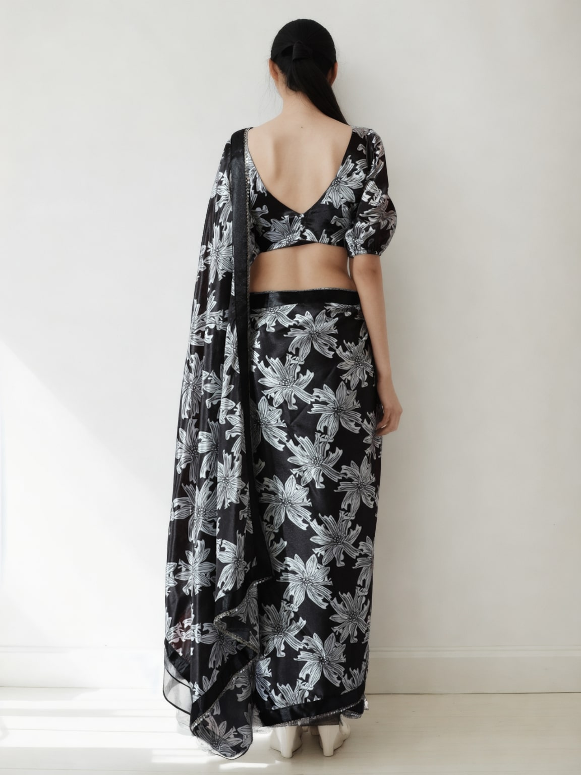 Jyoti Fashion Women's Black Chinon Digital Printed Ready To Wear Saree with Blouse | Grocsy