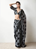 Jyoti Fashion Women's Black Chinon Digital Printed Ready To Wear Saree with Blouse | Grocsy