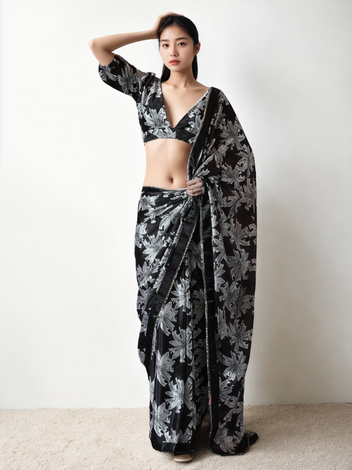 Jyoti Fashion Women's Black Chinon Digital Printed Ready To Wear Saree with Blouse | Grocsy