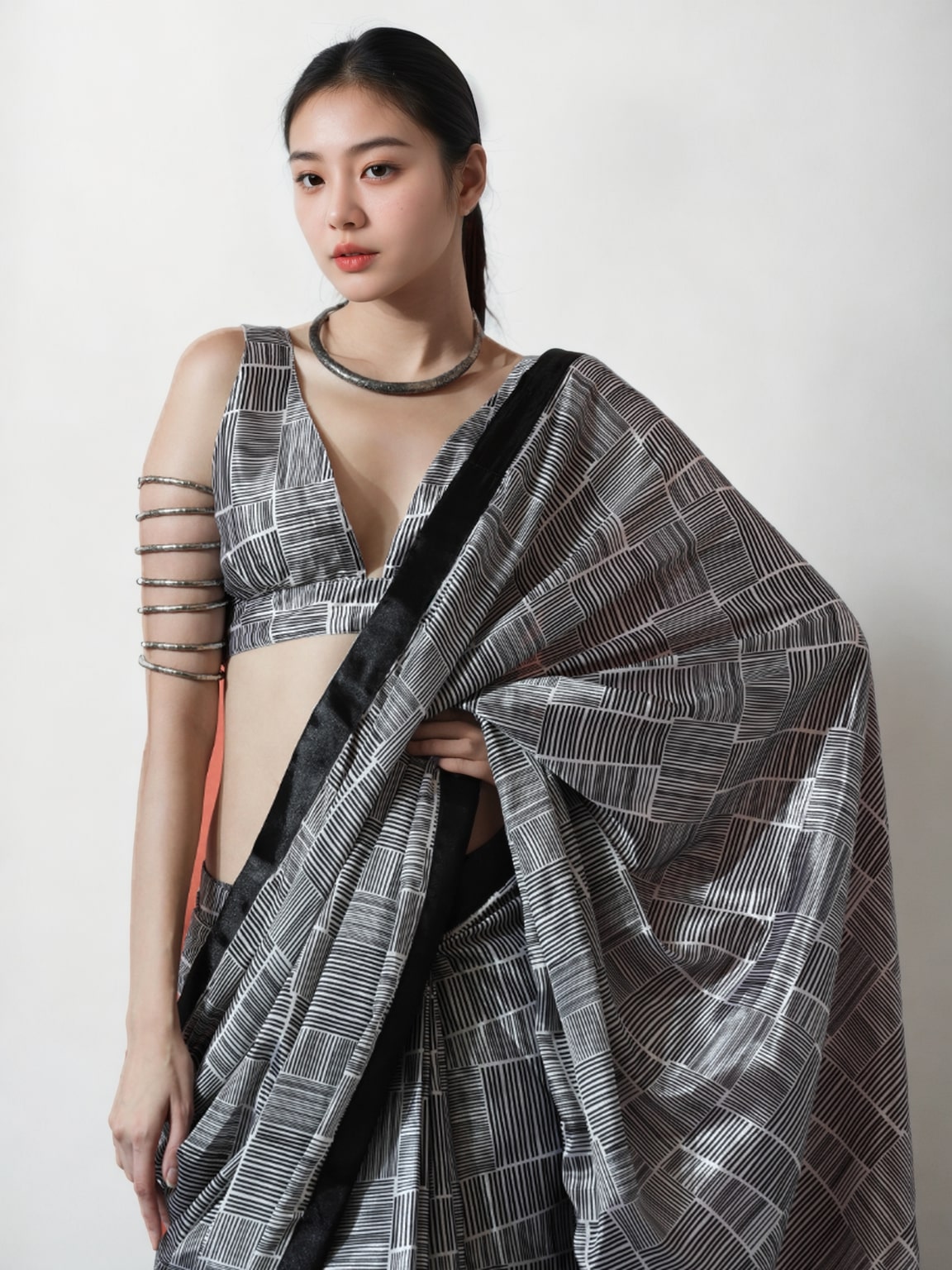 Jyoti Fashion Women's Grey Chinon Digital Printed Ready To Wear Saree with Blouse | Grocsy